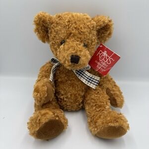 Kembell by Russ Berrie Brown Bear Plush Stuffed Animal with plaid bow. NWT